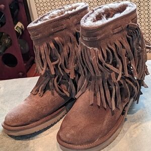 Ugg Koolaburra Fringed Boots Sheepskin Suede Shearling Tan Short Boots Nice!